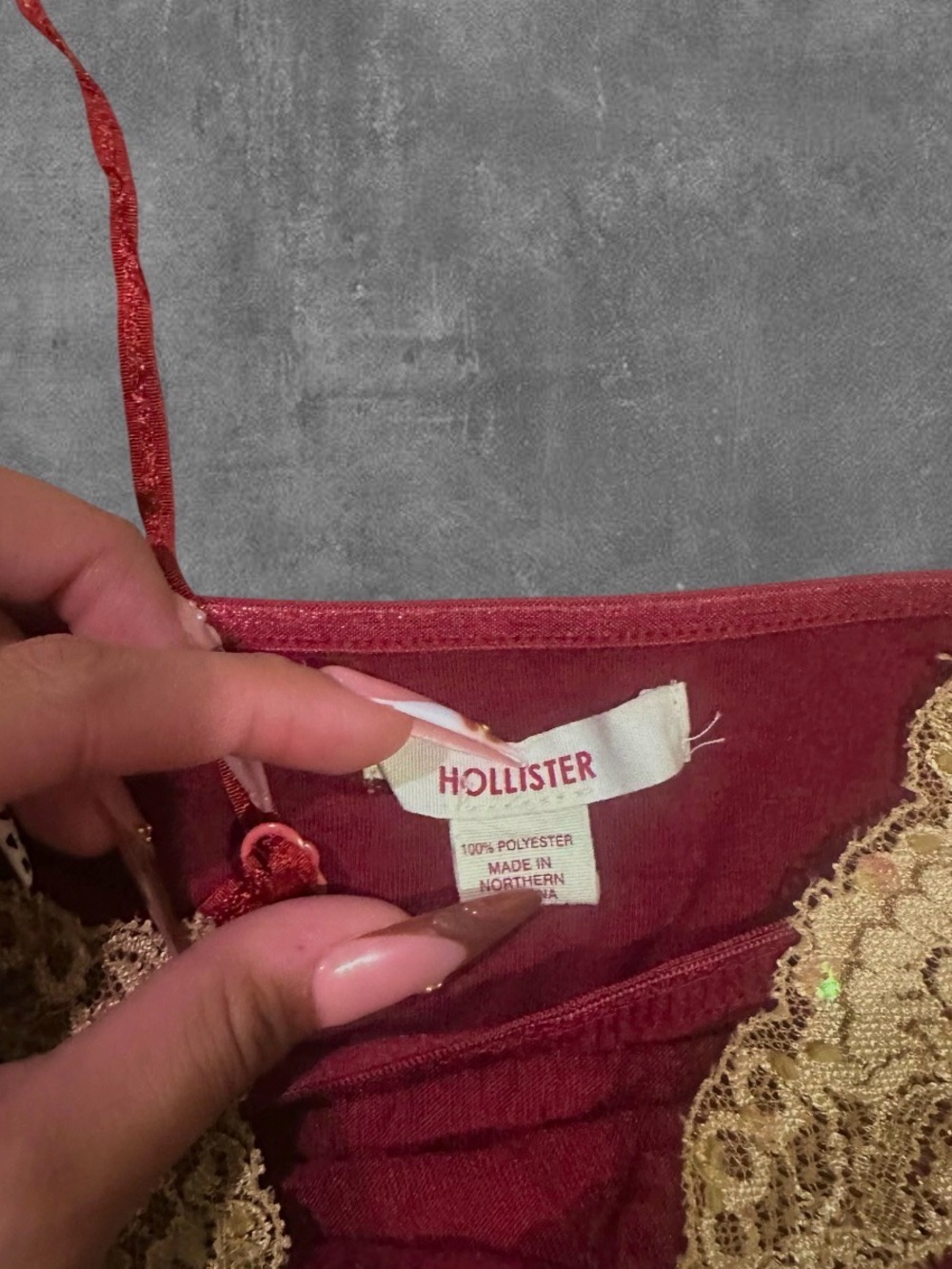 Hollister Burgundy Satin Cami with Gold Lace Accents Vintage 2000’s